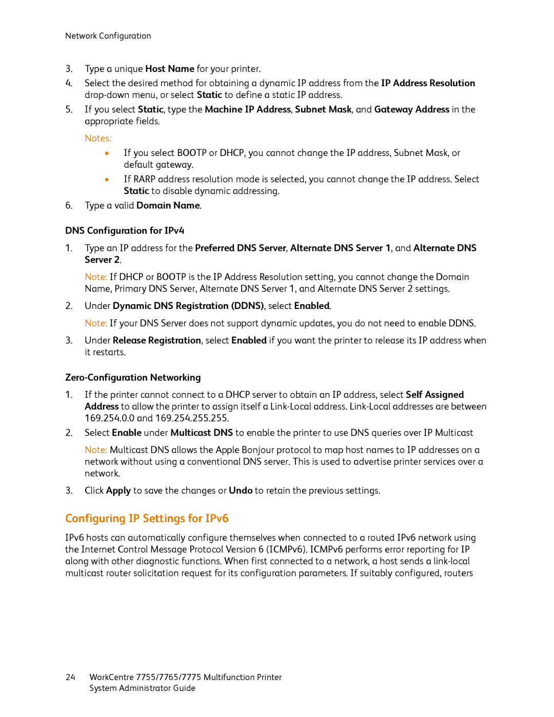 Xerox 7765, 7755, 7775 manual Configuring IP Settings for IPv6, Zero-Configuration Networking 