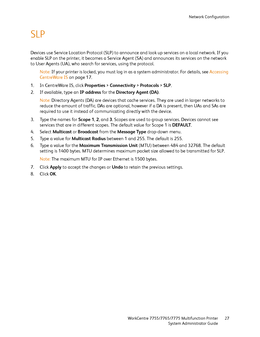 Xerox 7765, 7755, 7775 manual Slp, CentreWare IS, click Properties Connectivity Protocols SLP 