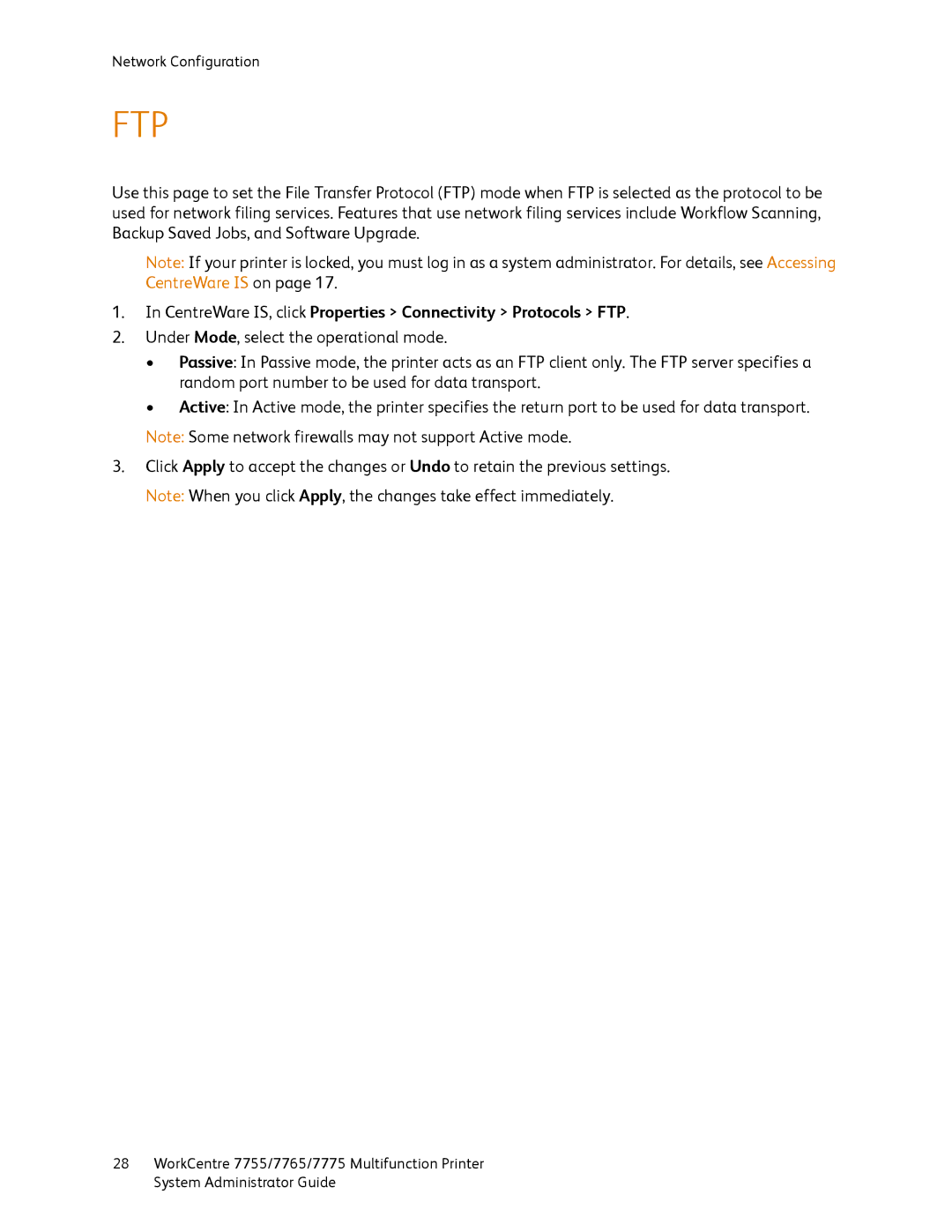 Xerox 7755, 7765, 7775 manual Ftp, CentreWare IS, click Properties Connectivity Protocols FTP 