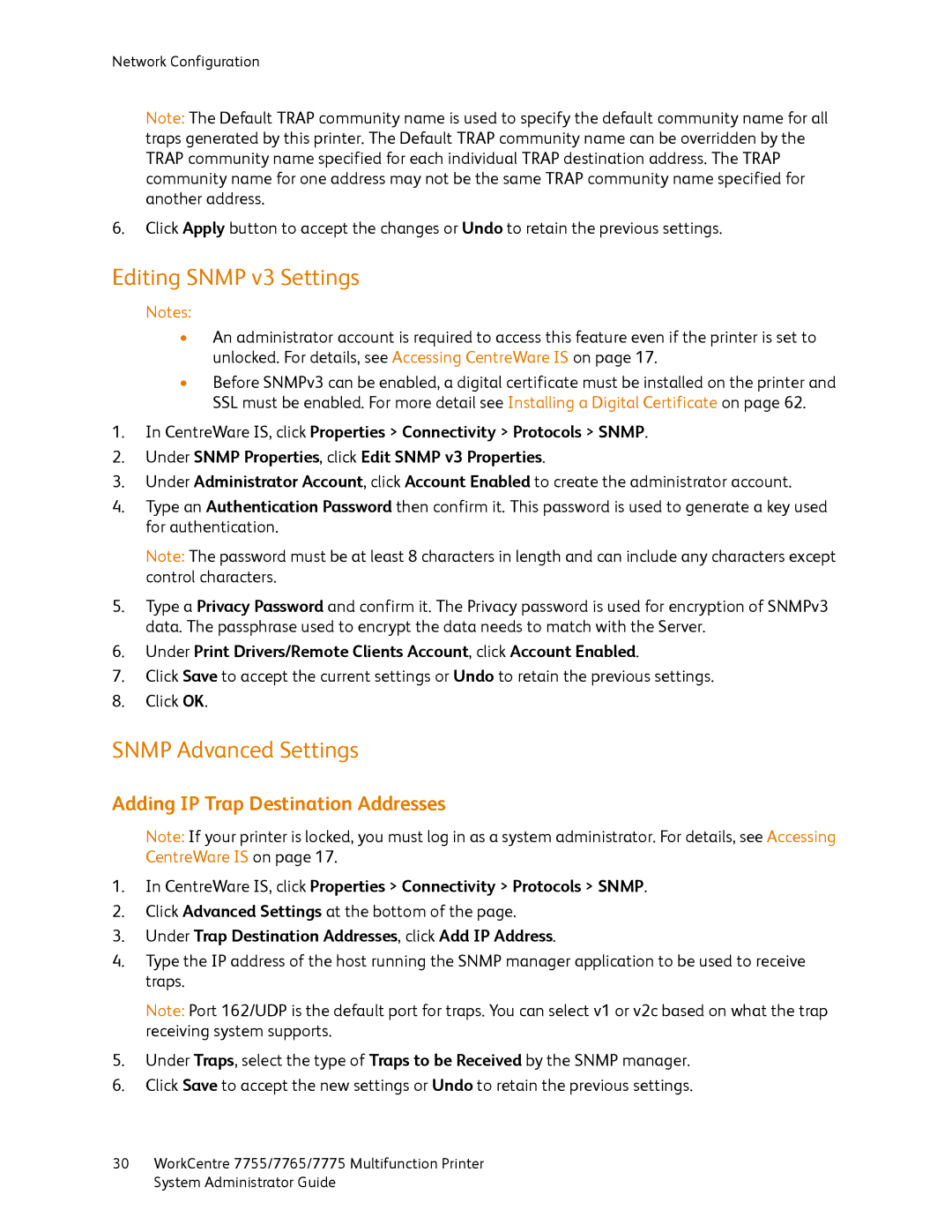 Xerox 7765, 7755, 7775 manual Editing Snmp v3 Settings, Snmp Advanced Settings, Adding IP Trap Destination Addresses 