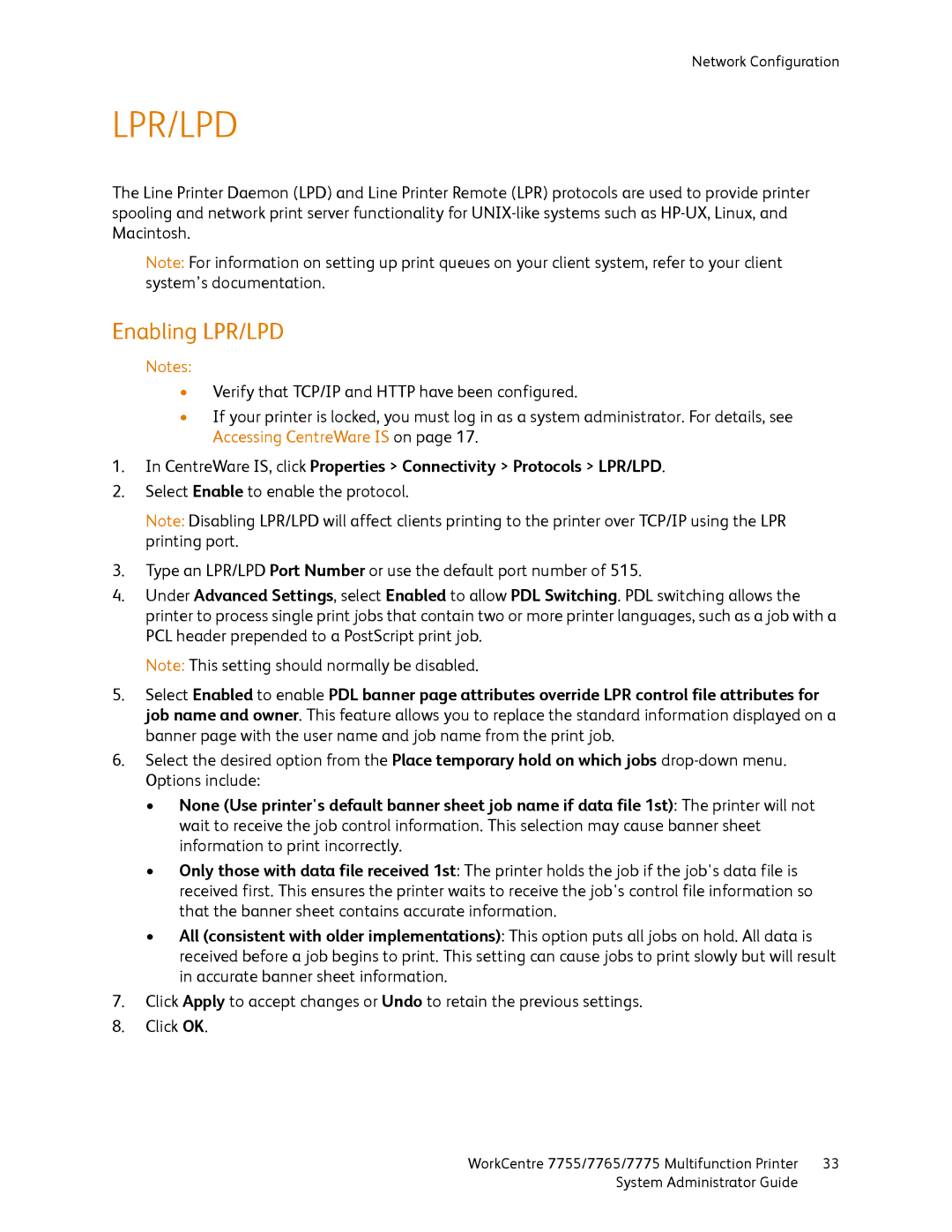 Xerox 7765, 7755, 7775 manual Lpr/Lpd, Enabling LPR/LPD 