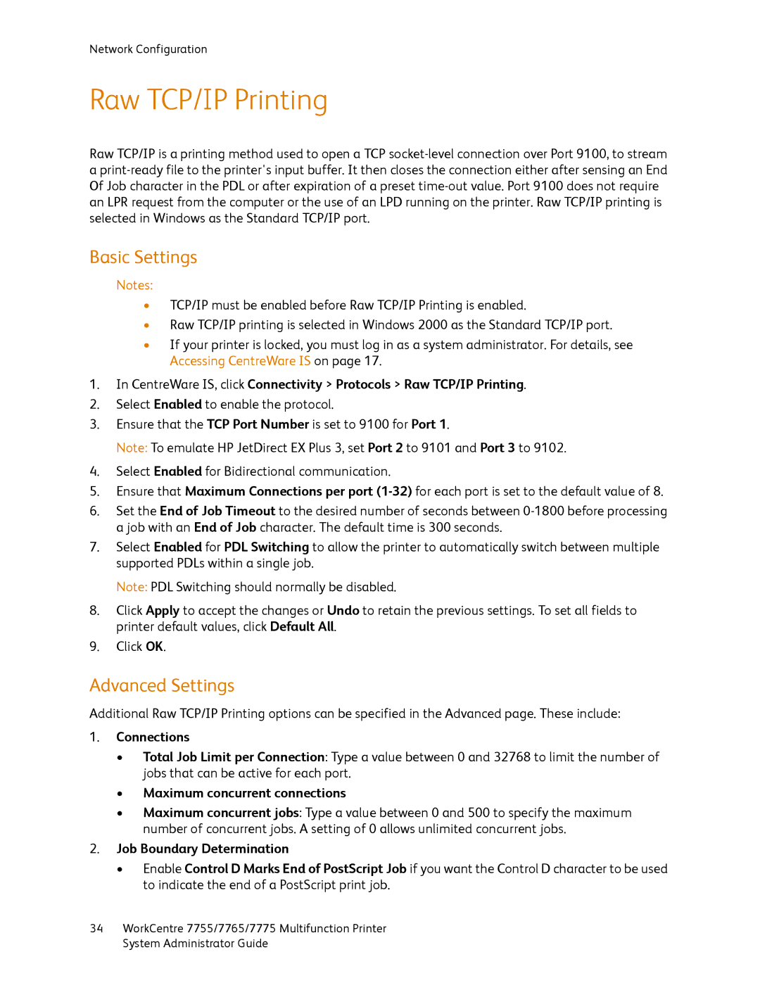 Xerox 7755, 7765, 7775 manual Raw TCP/IP Printing, Basic Settings, Advanced Settings 