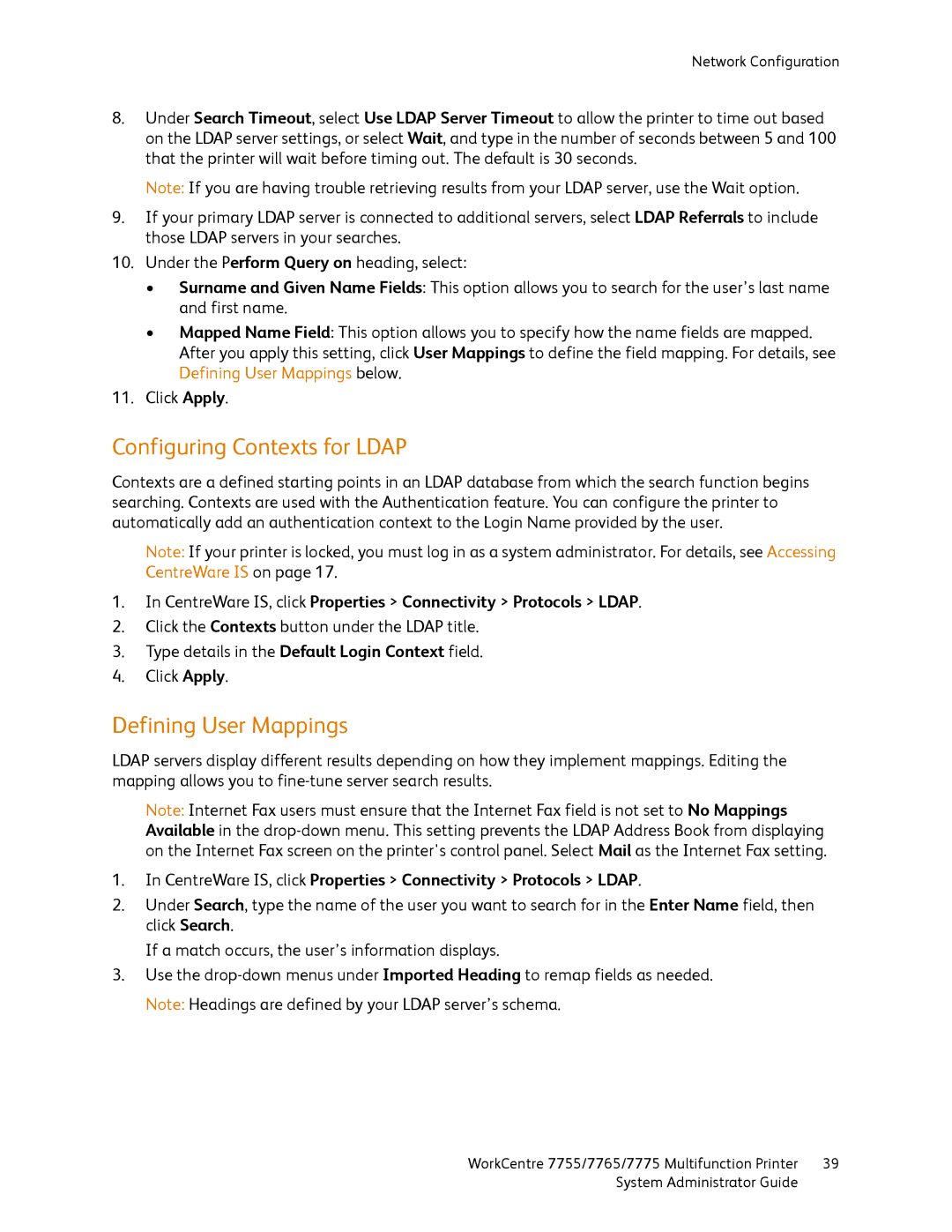 Xerox 7765, 7755, 7775 manual Configuring Contexts for Ldap, Defining User Mappings 