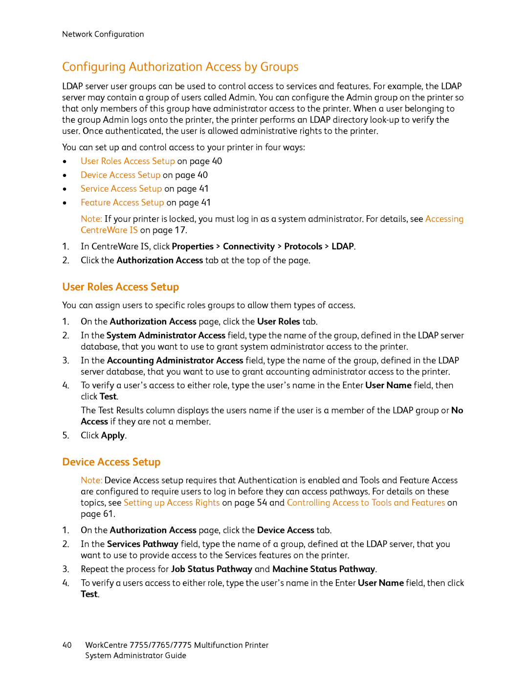 Xerox 7755, 7765, 7775 manual Configuring Authorization Access by Groups, User Roles Access Setup, Device Access Setup 