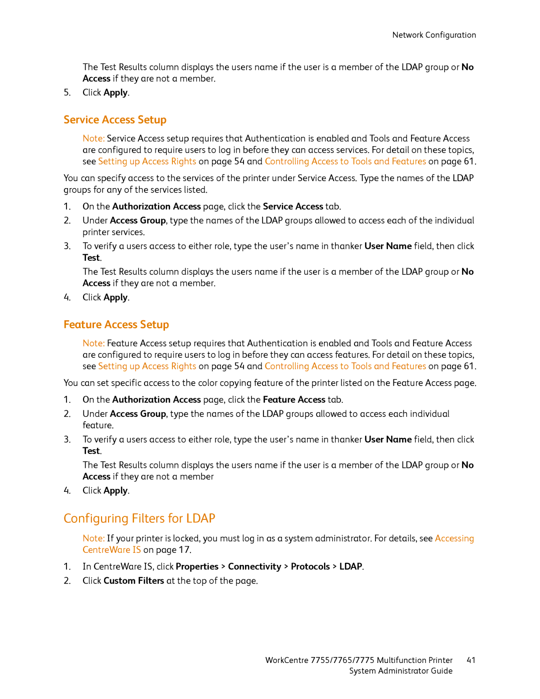 Xerox 7775, 7765, 7755 manual Configuring Filters for Ldap, Service Access Setup, Feature Access Setup 