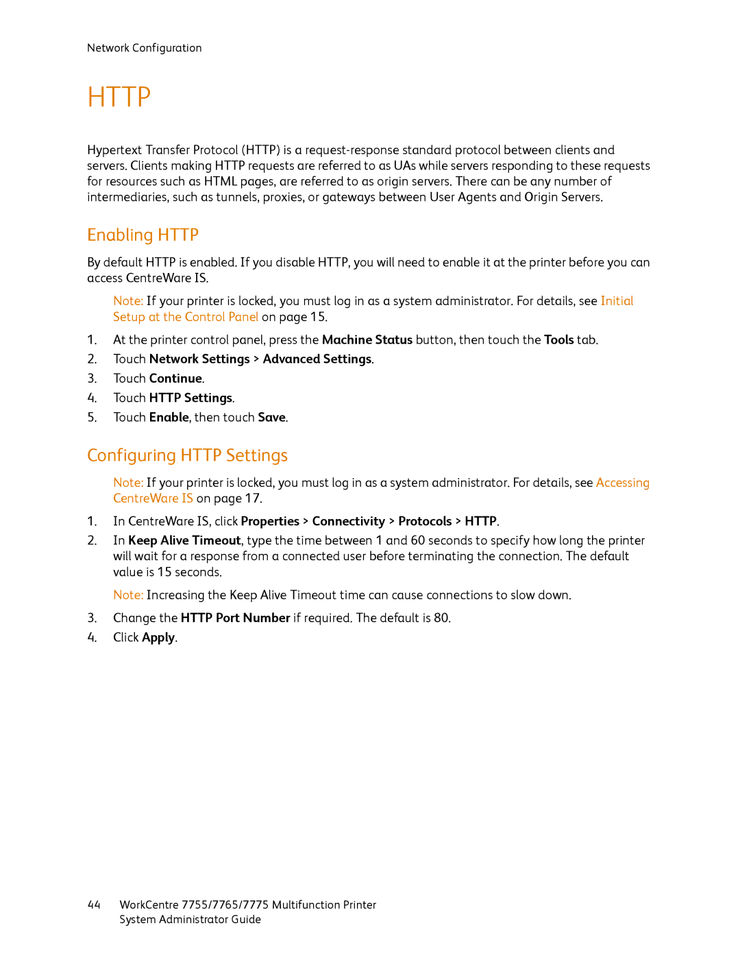 Xerox 7775, 7765 Enabling Http, Configuring Http Settings, CentreWare IS, click Properties Connectivity Protocols Http 