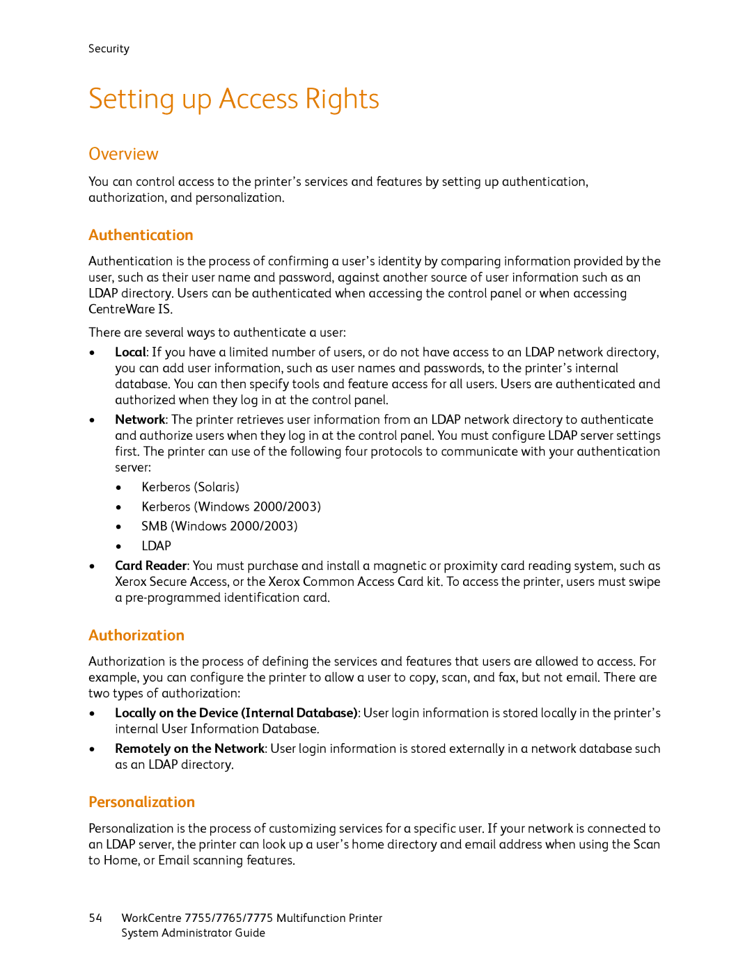 Xerox 7765, 7755, 7775 manual Setting up Access Rights, Overview, Authentication, Authorization, Personalization 