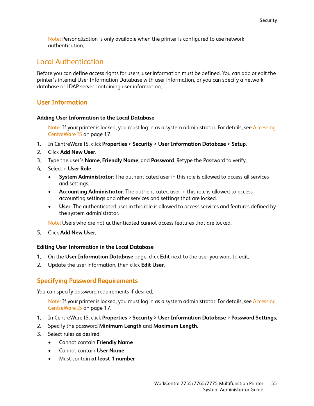 Xerox 7755, 7765 Local Authentication, User Information, Specifying Password Requirements, Must contain at least 1 number 