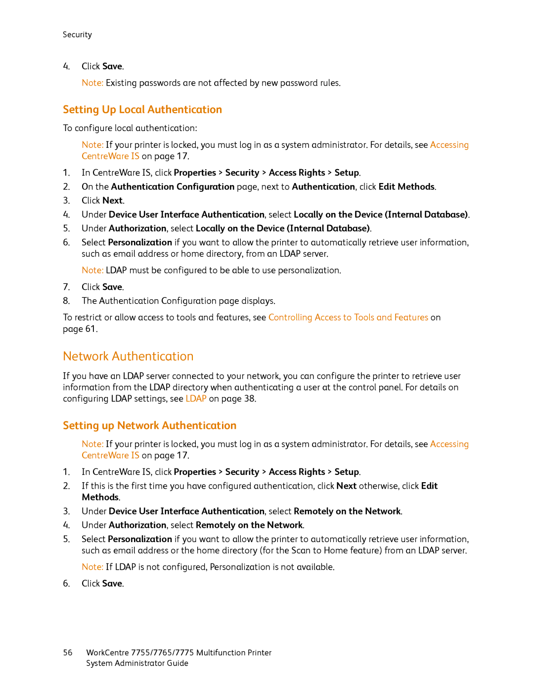 Xerox 7775, 7765, 7755 manual Setting Up Local Authentication, Setting up Network Authentication 