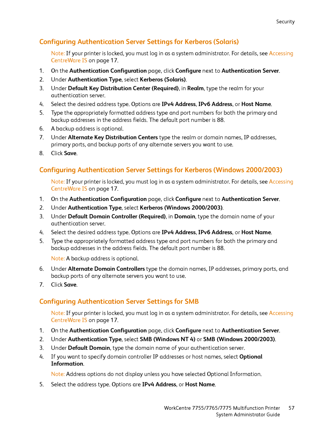 Xerox 7765, 7755, 7775 manual Configuring Authentication Server Settings for SMB 