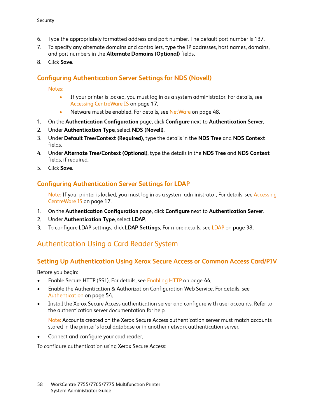 Xerox 7755, 7765, 7775 Authentication Using a Card Reader System, Configuring Authentication Server Settings for NDS Novell 