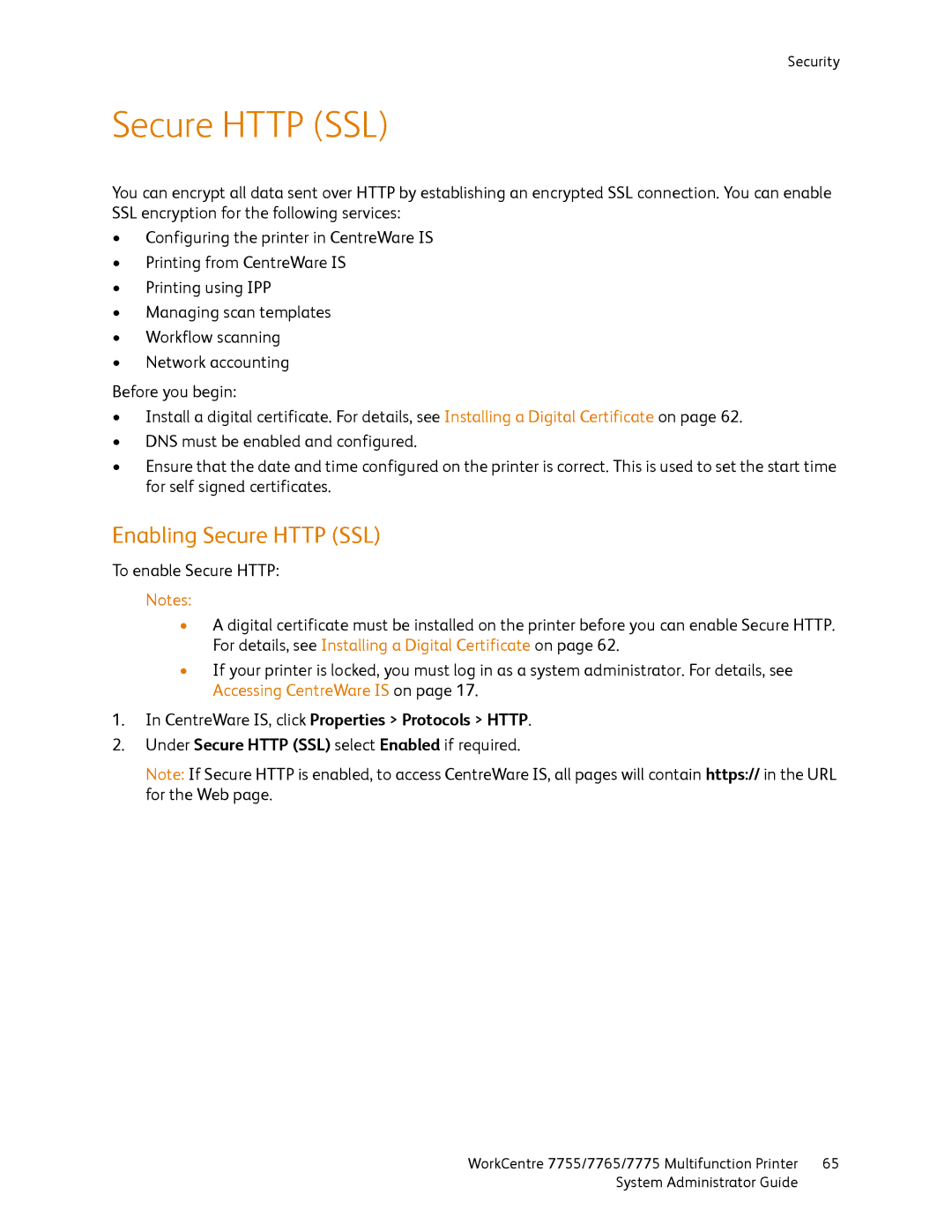 Xerox 7775, 7765, 7755 manual Enabling Secure Http SSL, Under Secure Http SSL select Enabled if required 