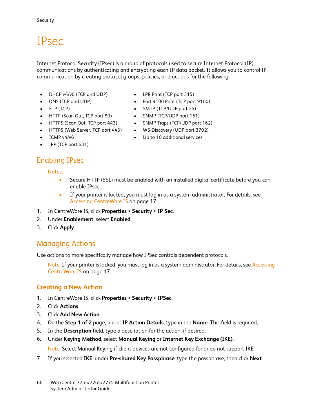 Xerox 7765, 7755, 7775 manual Enabling IPsec, Managing Actions, Creating a New Action 