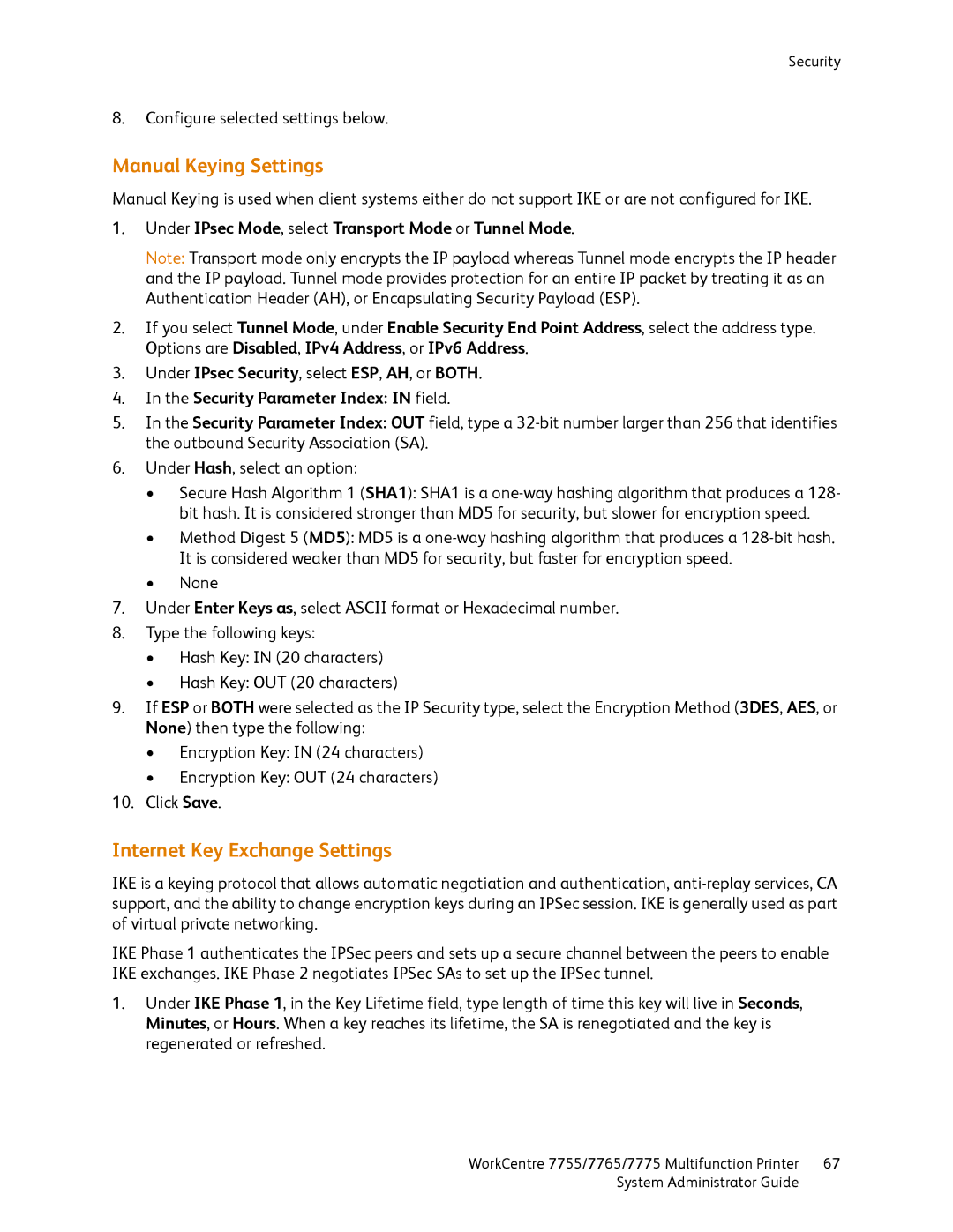 Xerox 7755 Manual Keying Settings, Internet Key Exchange Settings, Under IPsec Mode, select Transport Mode or Tunnel Mode 