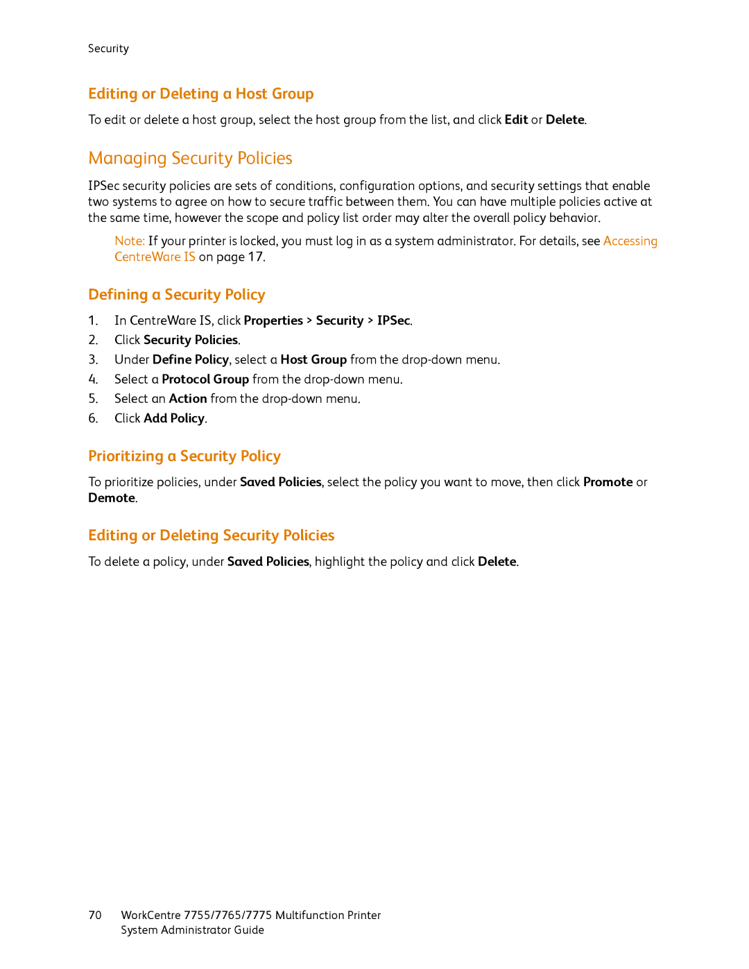 Xerox 7755, 7765, 7775 manual Managing Security Policies, Editing or Deleting a Host Group, Defining a Security Policy 