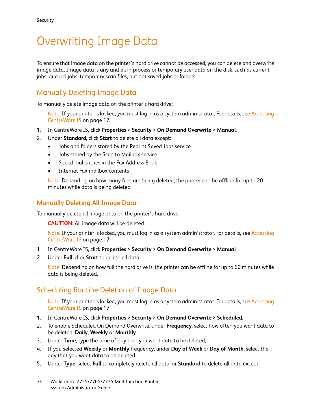 Xerox 7775, 7765, 7755 manual Overwriting Image Data, Manually Deleting Image Data, Scheduling Routine Deletion of Image Data 