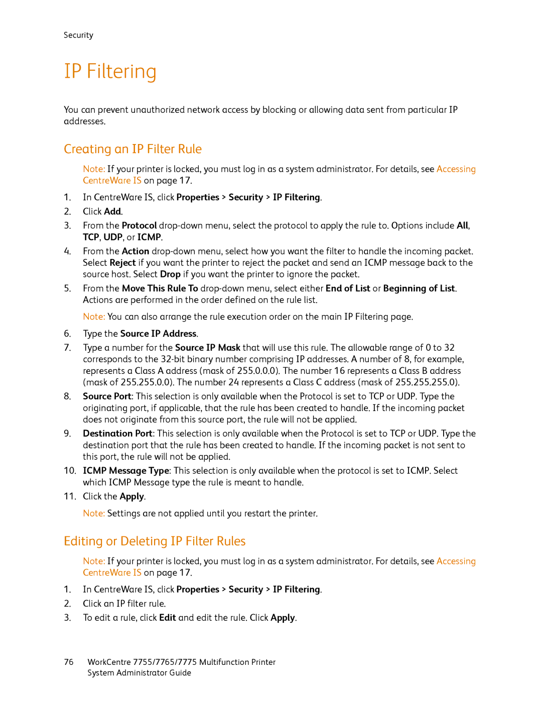 Xerox 7755, 7765 IP Filtering, Creating an IP Filter Rule, Editing or Deleting IP Filter Rules, Type the Source IP Address 