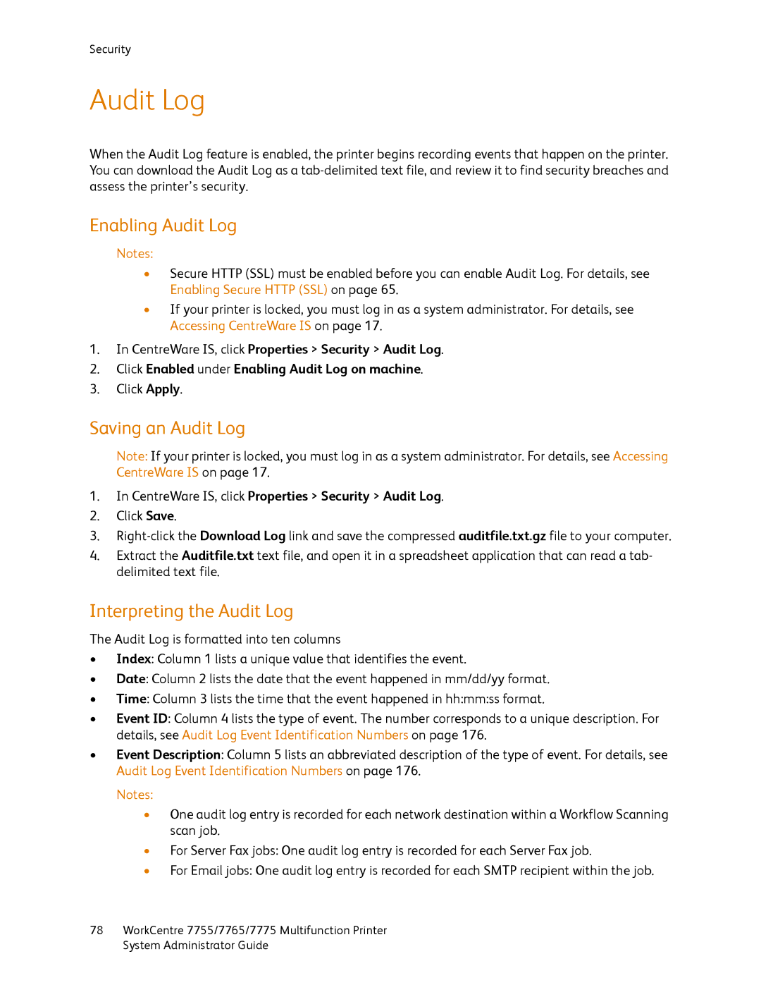 Xerox 7765, 7755, 7775 manual Enabling Audit Log, Saving an Audit Log, Interpreting the Audit Log 