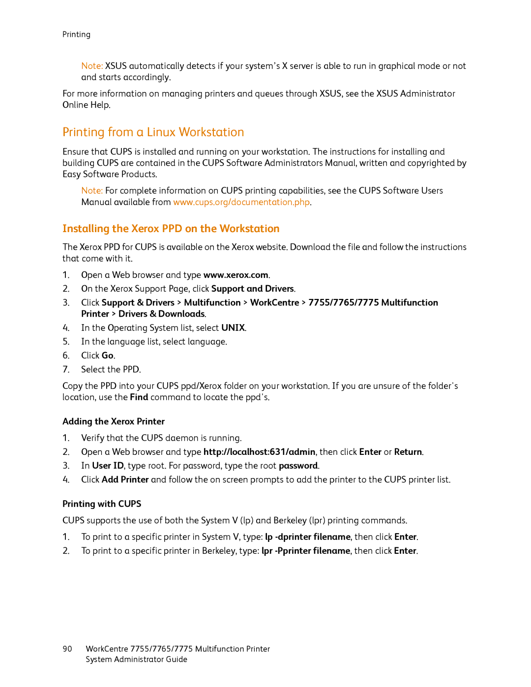 Xerox 7765, 7755 Printing from a Linux Workstation, Installing the Xerox PPD on the Workstation, Adding the Xerox Printer 