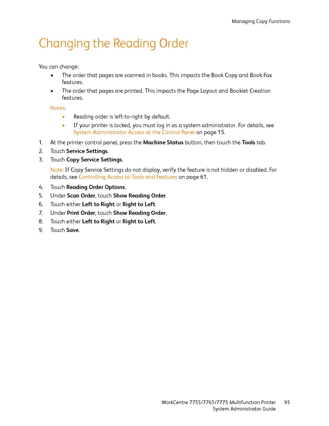 Xerox 7775, 7765, 7755 manual Changing the Reading Order 