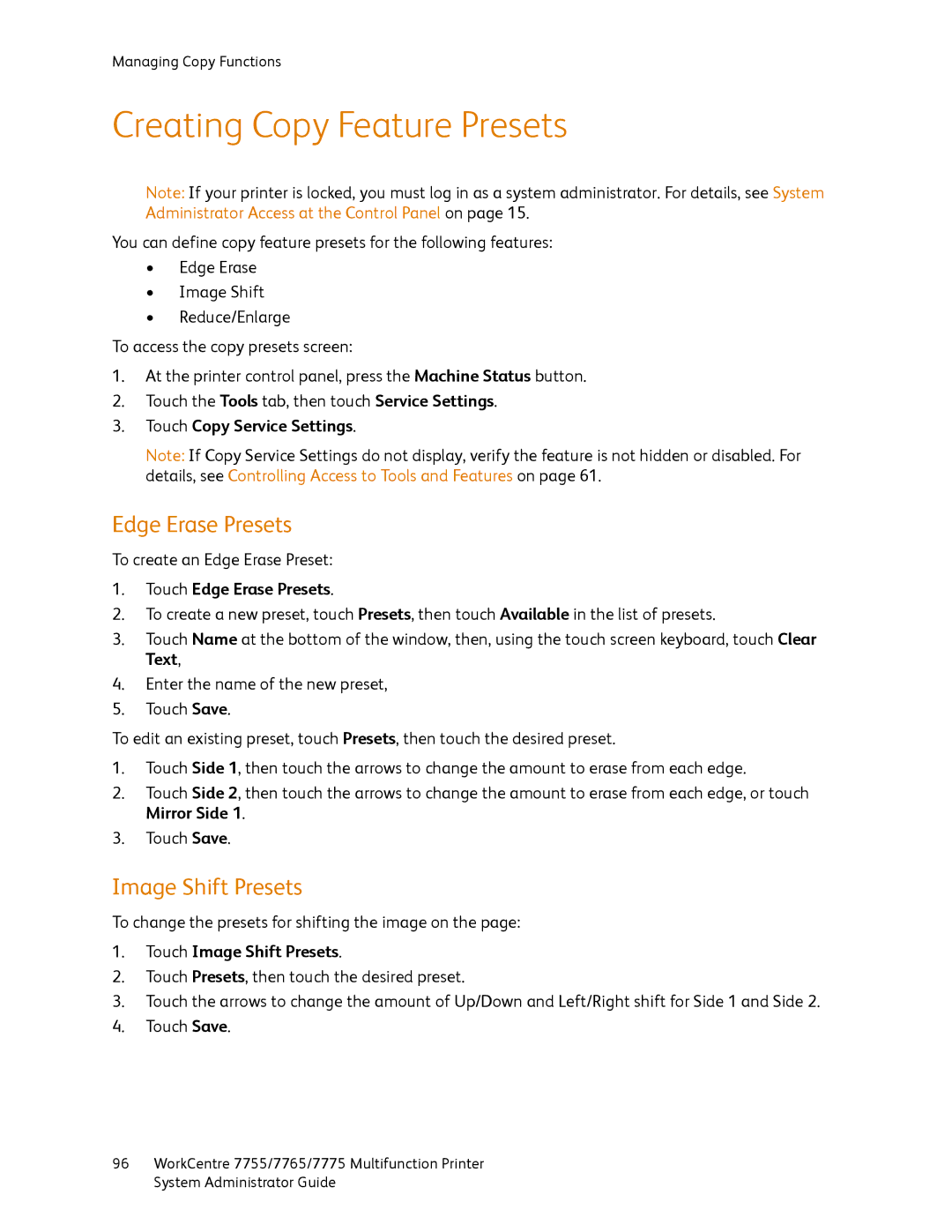 Xerox 7765, 7755, 7775 manual Creating Copy Feature Presets, Touch Edge Erase Presets, Touch Image Shift Presets 