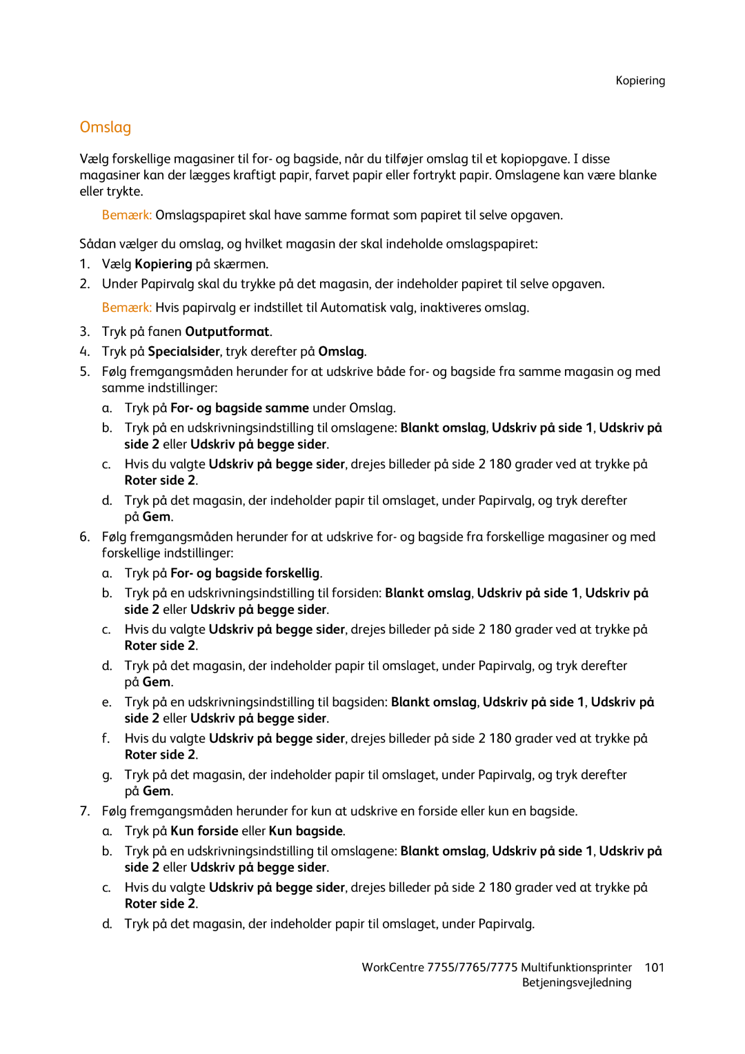 Xerox 7775, 7765, 7755 manual Tryk på For- og bagside samme under Omslag, Tryk på For- og bagside forskellig 