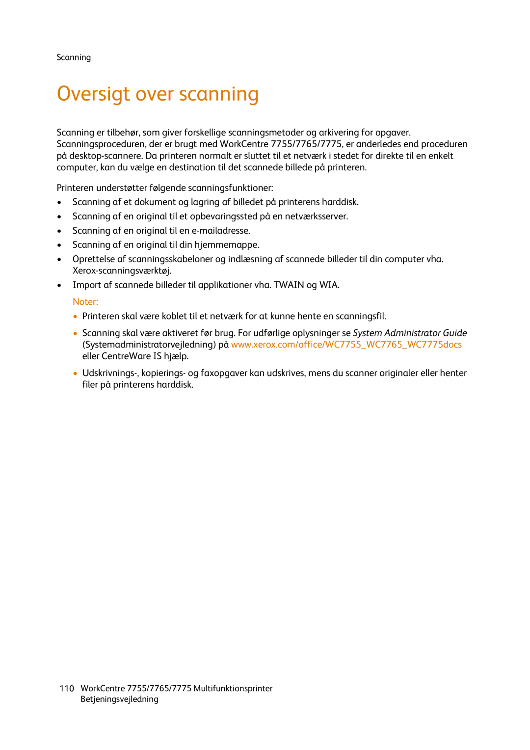 Xerox 7775, 7765, 7755 manual Oversigt over scanning 