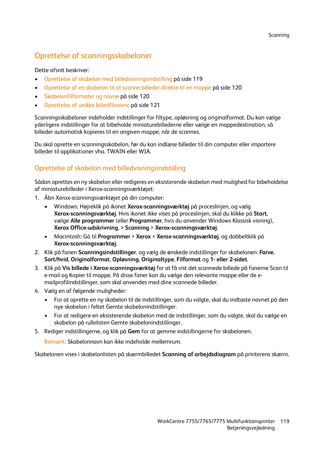 Xerox 7775, 7765, 7755 manual Oprettelse af scanningsskabeloner, Oprettelse af skabelon med billedvisningsindstilling 