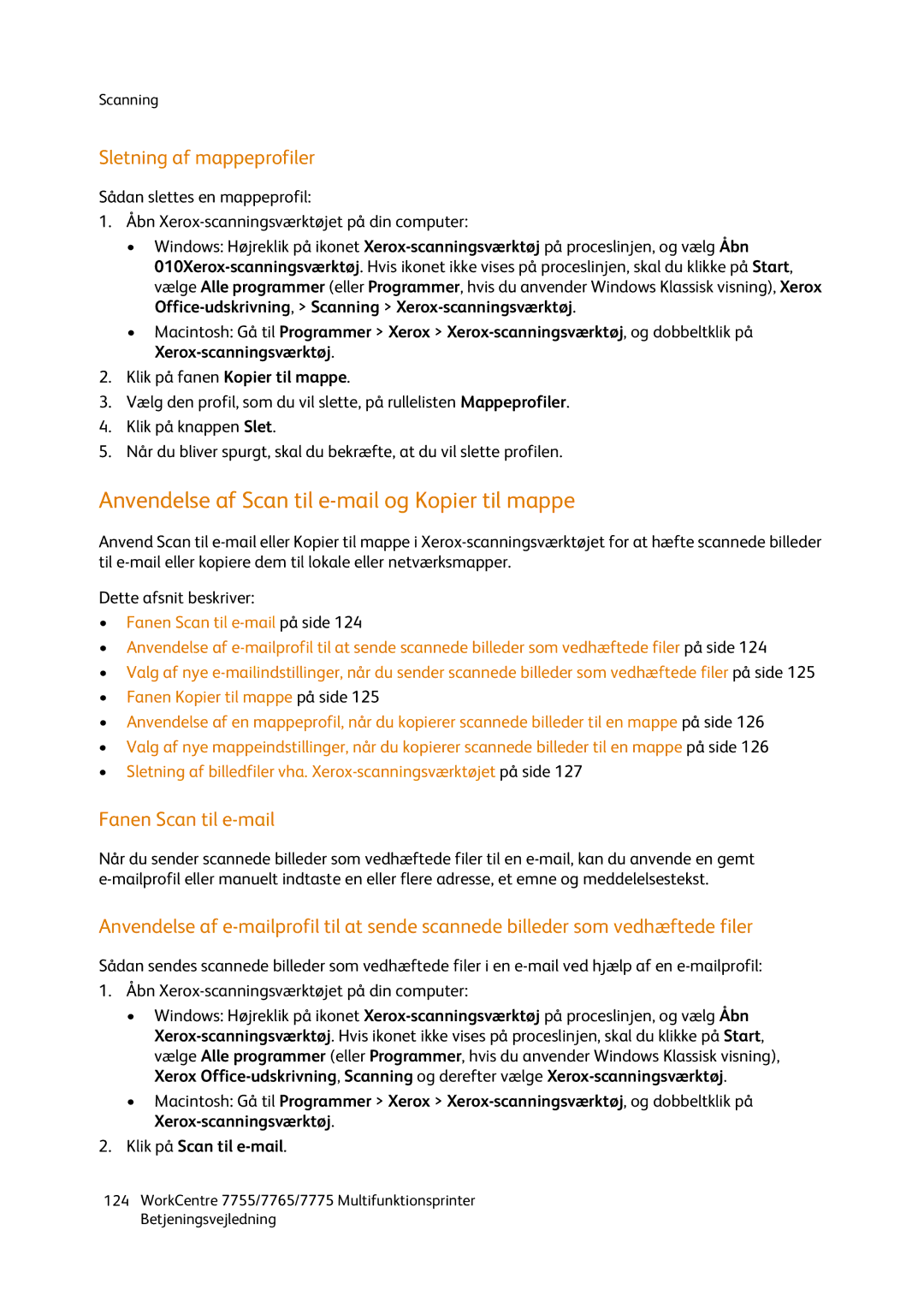 Xerox 7755, 7765, 7775 Anvendelse af Scan til e-mail og Kopier til mappe, Sletning af mappeprofiler, Fanen Scan til e-mail 