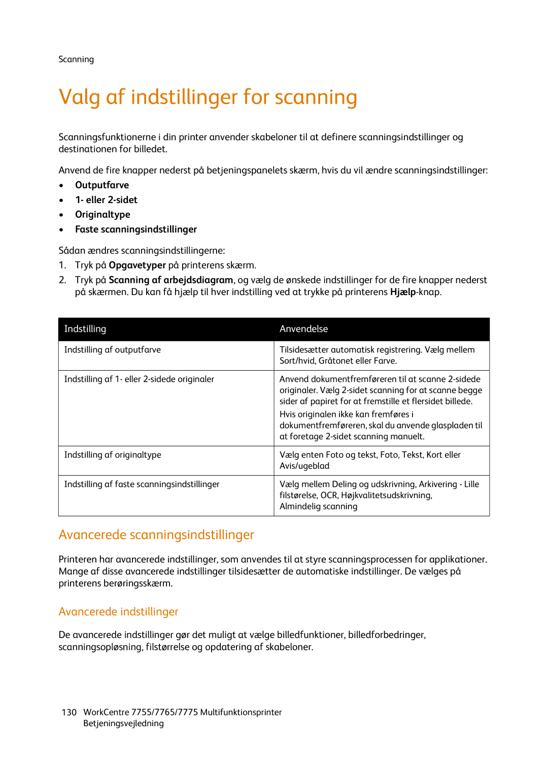 Xerox 7755, 7765, 7775 manual Valg af indstillinger for scanning, Avancerede scanningsindstillinger, Avancerede indstillinger 