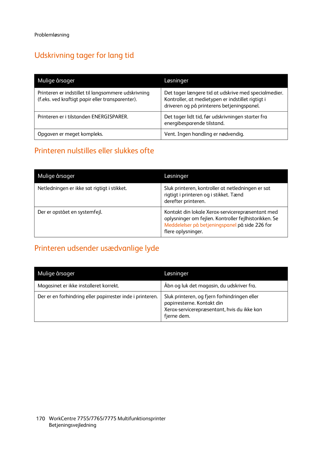 Xerox 7775, 7765, 7755 manual Udskrivning tager for lang tid, Printeren nulstilles eller slukkes ofte 