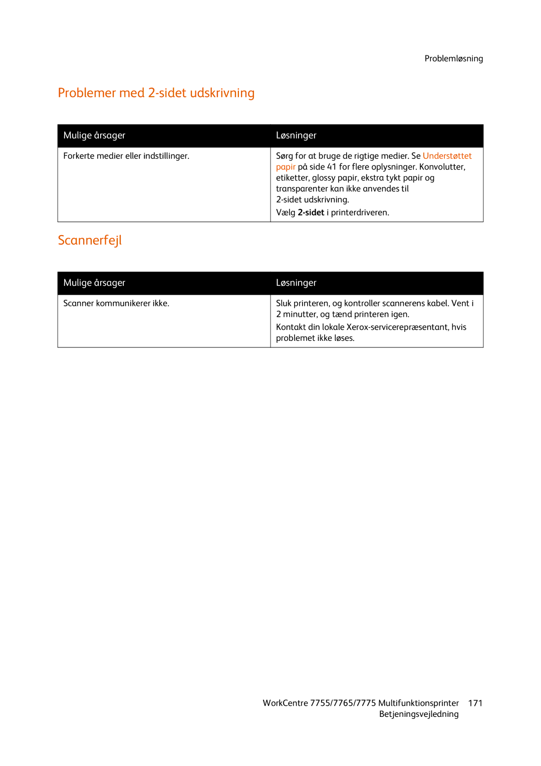 Xerox 7765, 7755, 7775 manual Problemer med 2-sidet udskrivning, Scannerfejl 