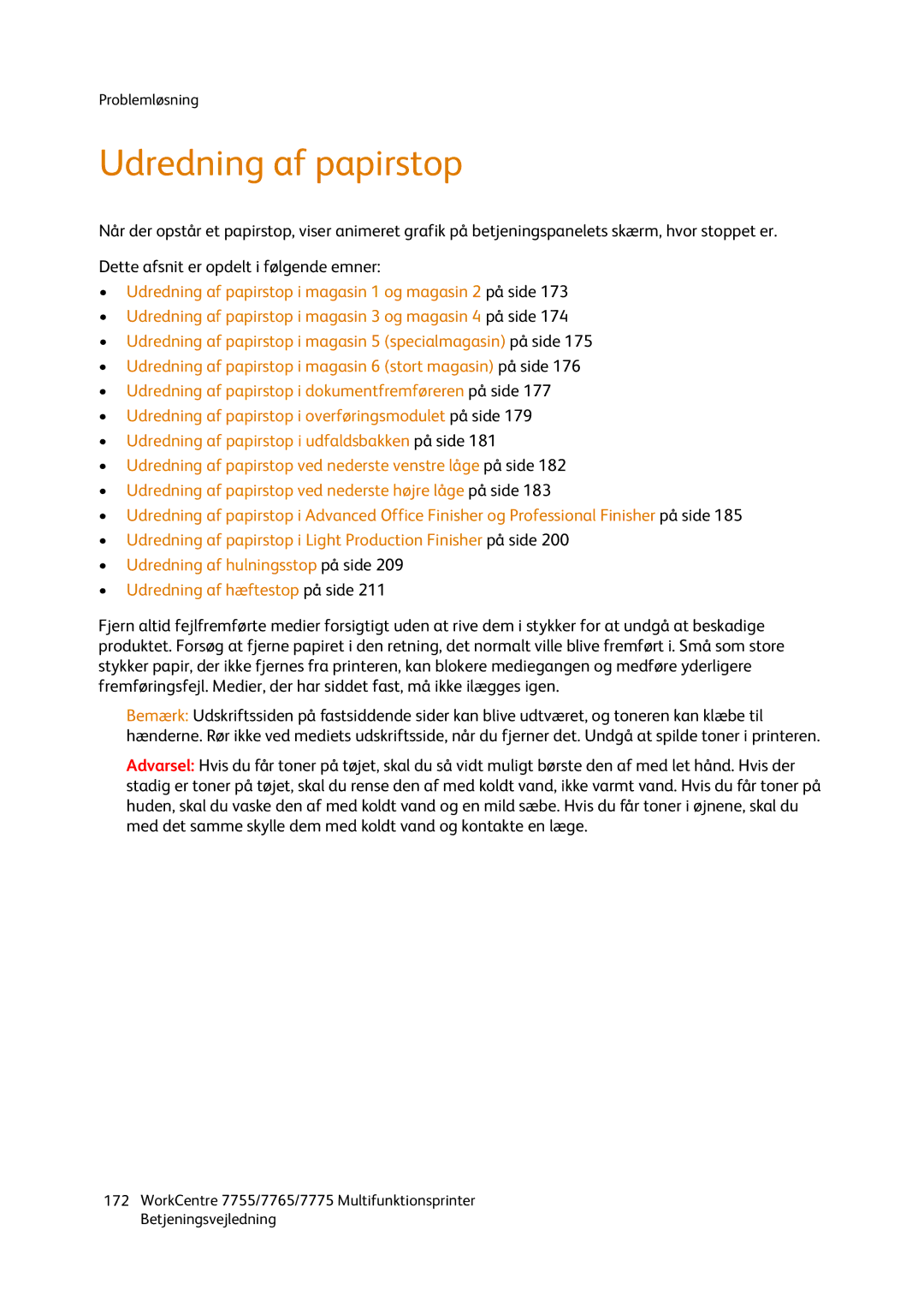 Xerox 7755, 7765, 7775 manual Udredning af papirstop 