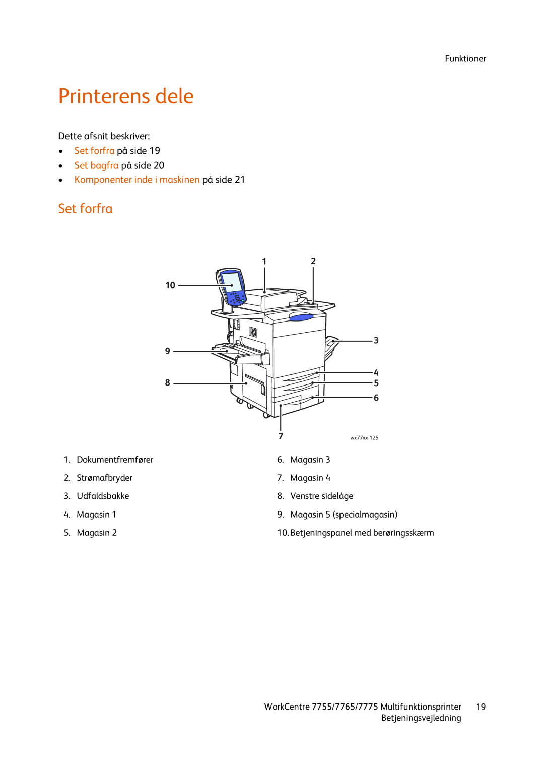 Xerox 7755, 7765, 7775 manual Printerens dele, Set forfra, Dette afsnit beskriver 