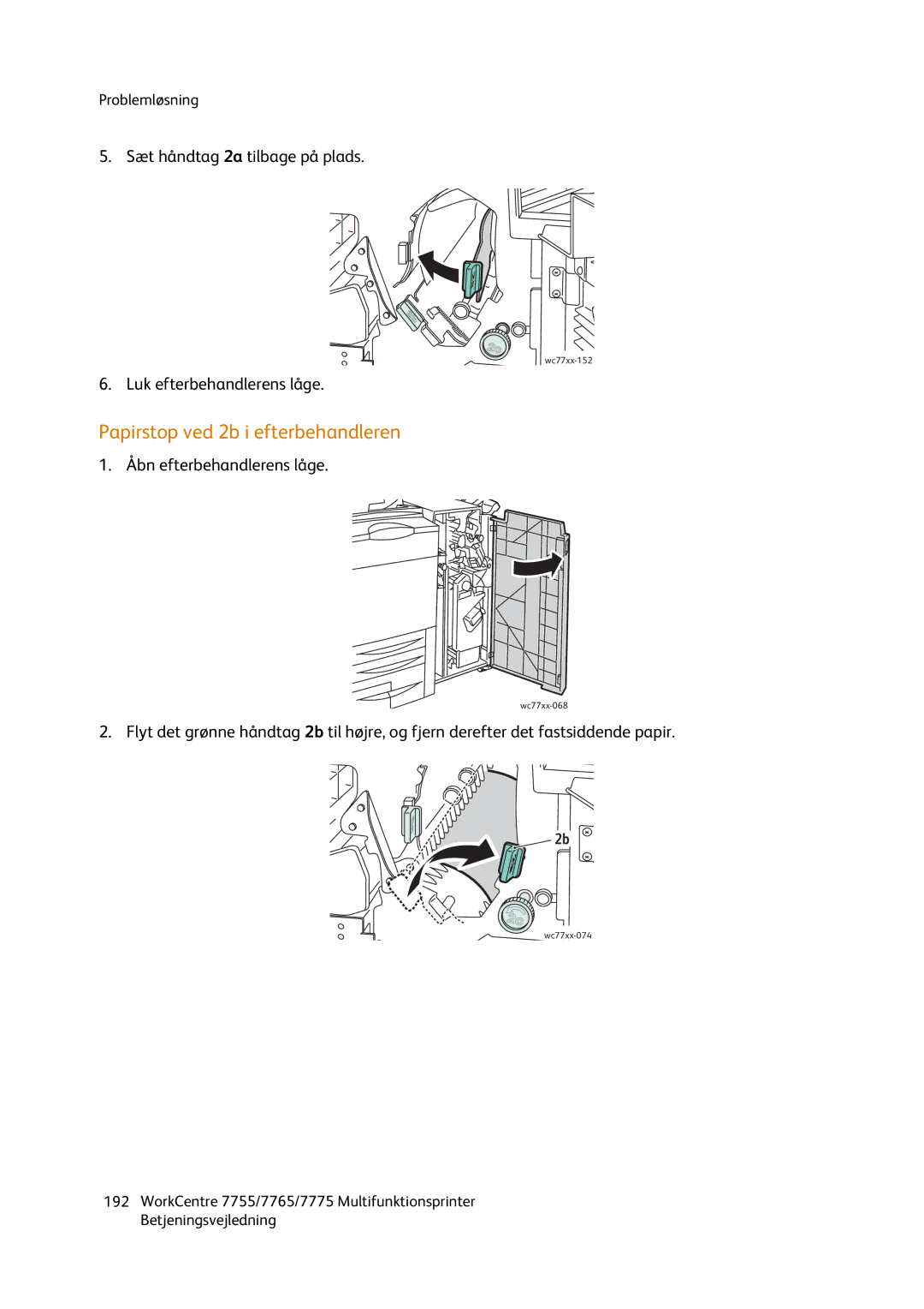 Xerox 7765, 7755, 7775 manual Papirstop ved 2b i efterbehandleren 