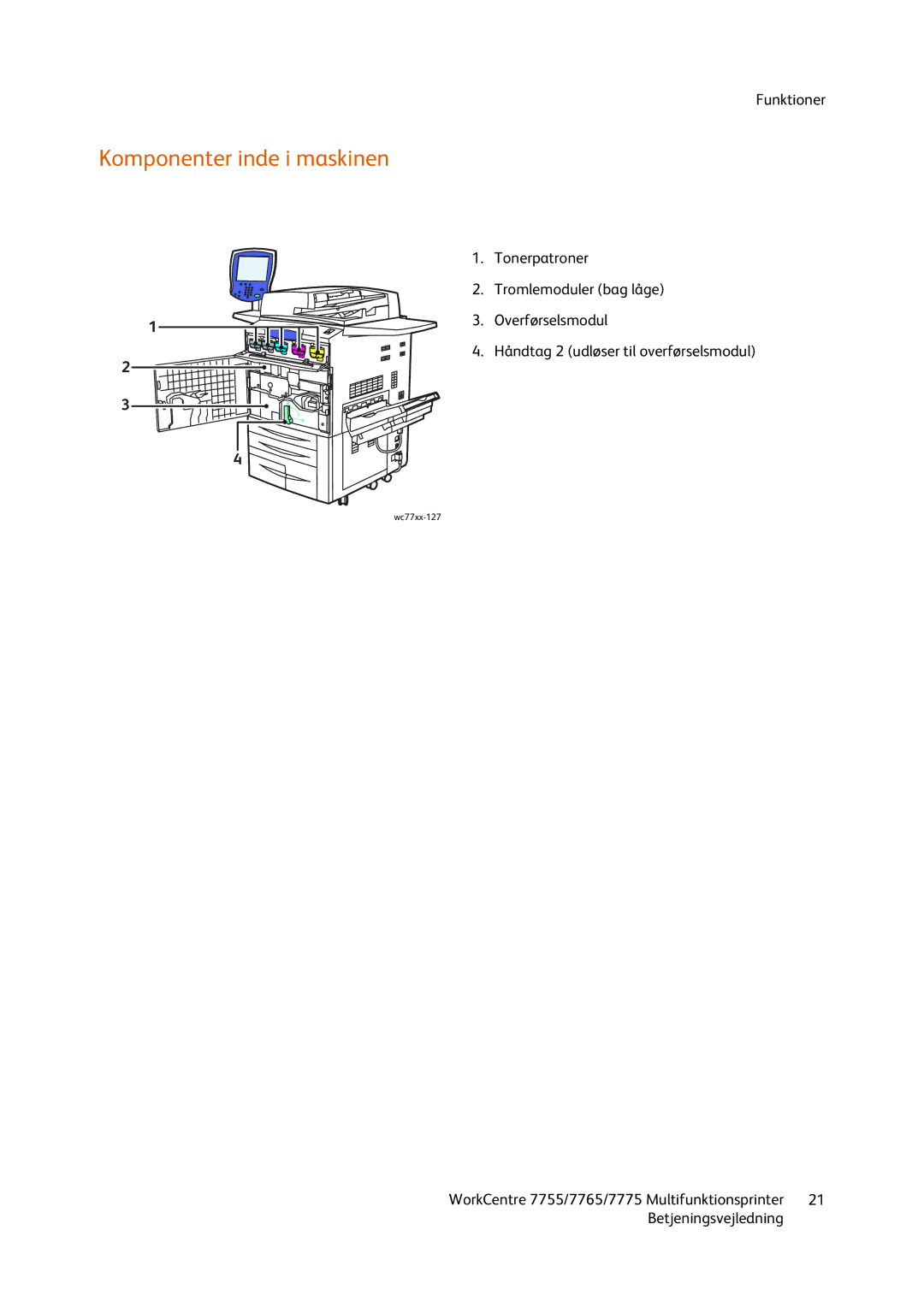 Xerox 7765, 7755, 7775 manual Komponenter inde i maskinen 