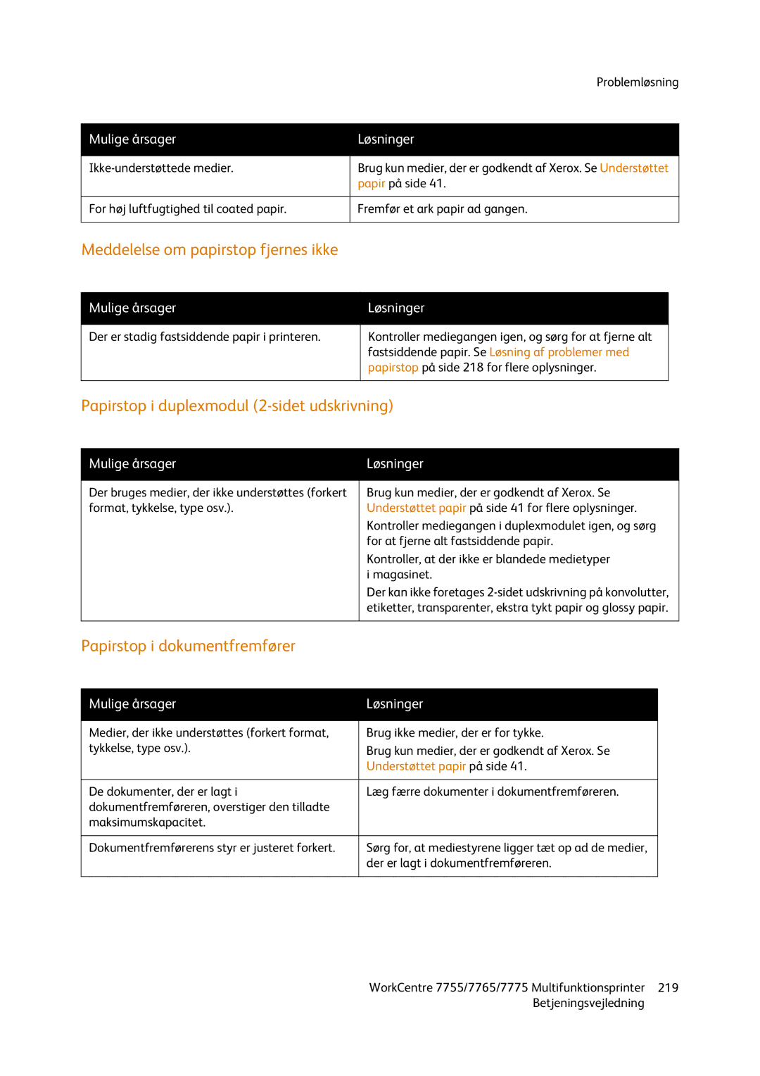 Xerox 7765, 7755, 7775 manual Meddelelse om papirstop fjernes ikke, Papirstop i duplexmodul 2-sidet udskrivning 