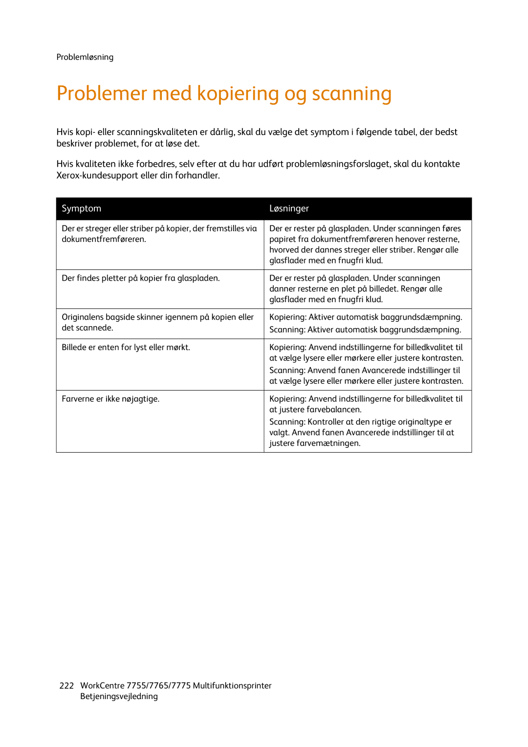 Xerox 7765, 7755, 7775 manual Problemer med kopiering og scanning, Symptom Løsninger 