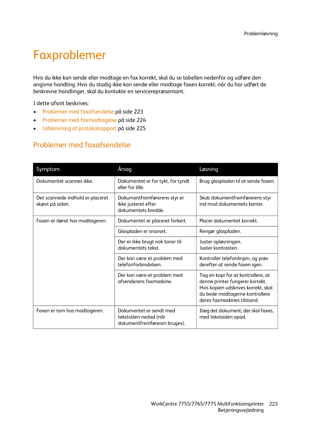 Xerox 7755, 7765, 7775 manual Faxproblemer, Problemer med faxafsendelse 