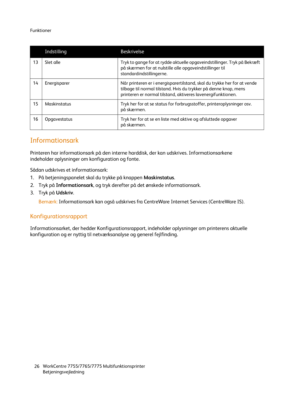 Xerox 7775, 7765, 7755 manual Informationsark, Konfigurationsrapport 