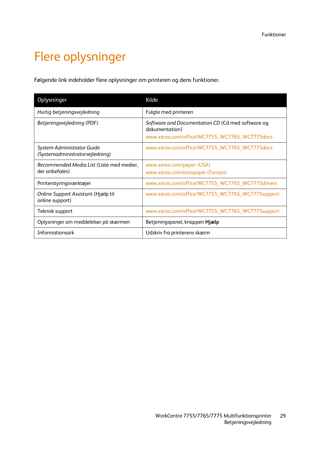 Xerox 7775, 7765, 7755 manual Flere oplysninger, Oplysninger Kilde 