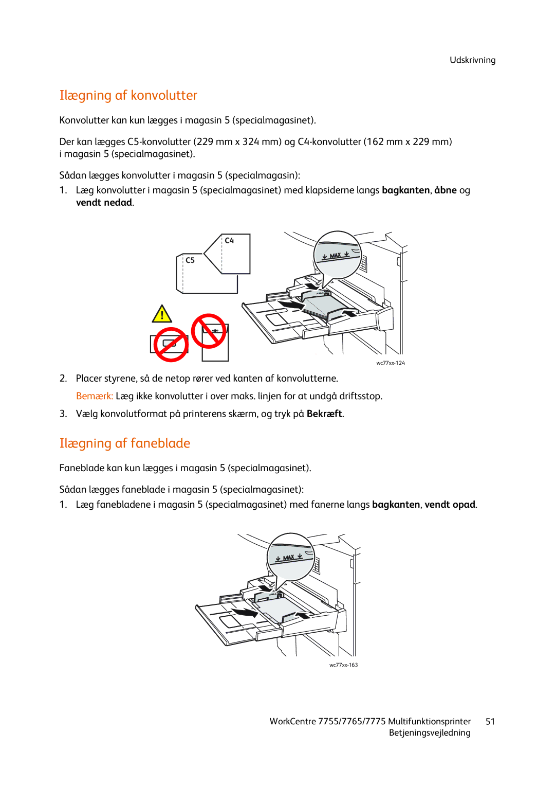 Xerox 7765, 7755, 7775 manual Ilægning af konvolutter, Ilægning af faneblade 