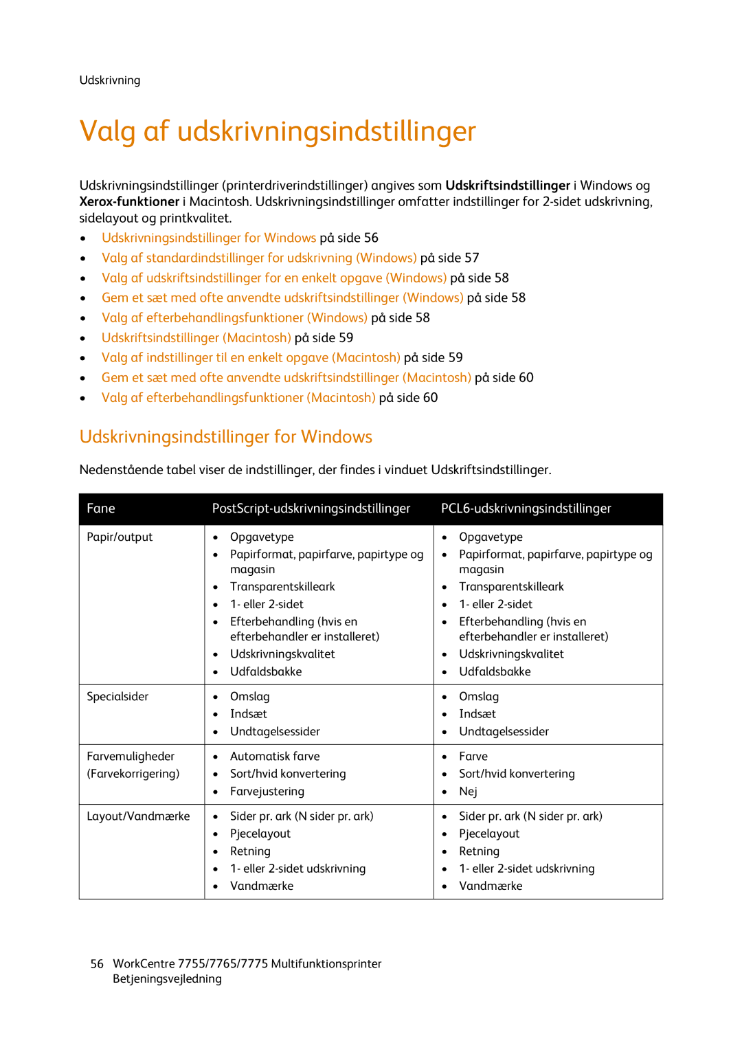 Xerox 7775, 7765, 7755 manual Valg af udskrivningsindstillinger, Udskrivningsindstillinger for Windows 