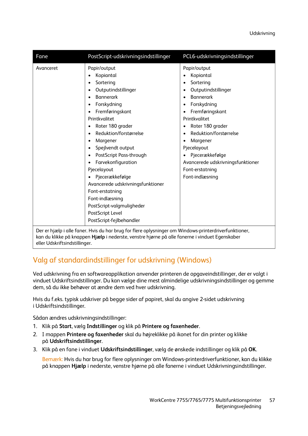 Xerox 7765, 7755, 7775 manual Valg af standardindstillinger for udskrivning Windows 