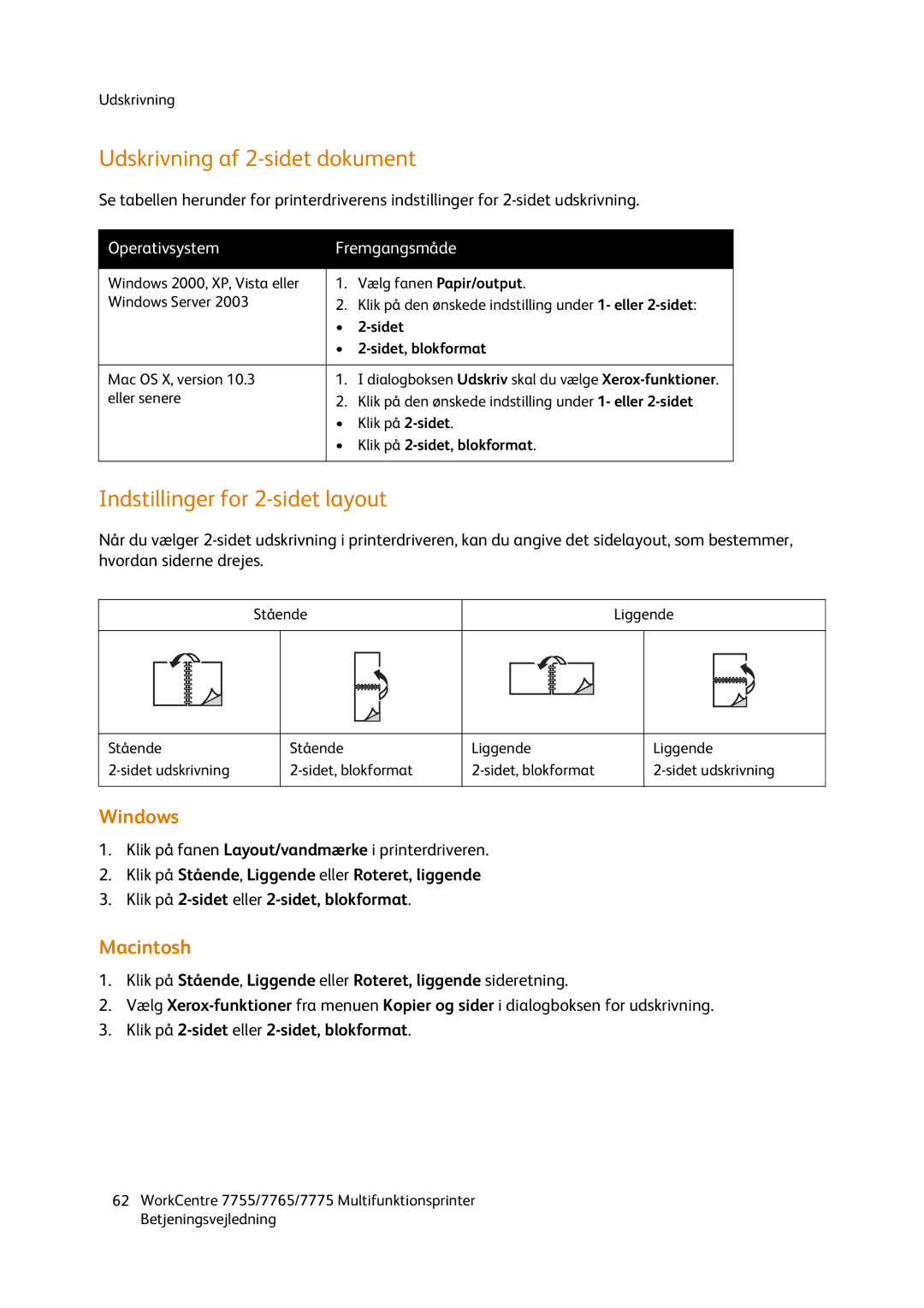 Xerox 7775, 7765, 7755 manual Udskrivning af 2-sidet dokument, Indstillinger for 2-sidet layout 