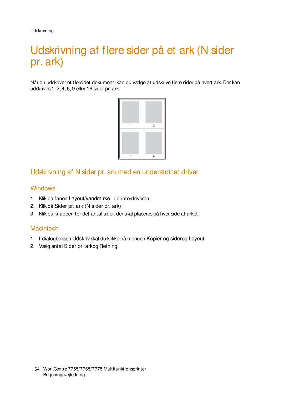 Xerox 7755 Udskrivning af flere sider på et ark N sider pr. ark, Udskrivning af N sider pr. ark med en understøttet driver 