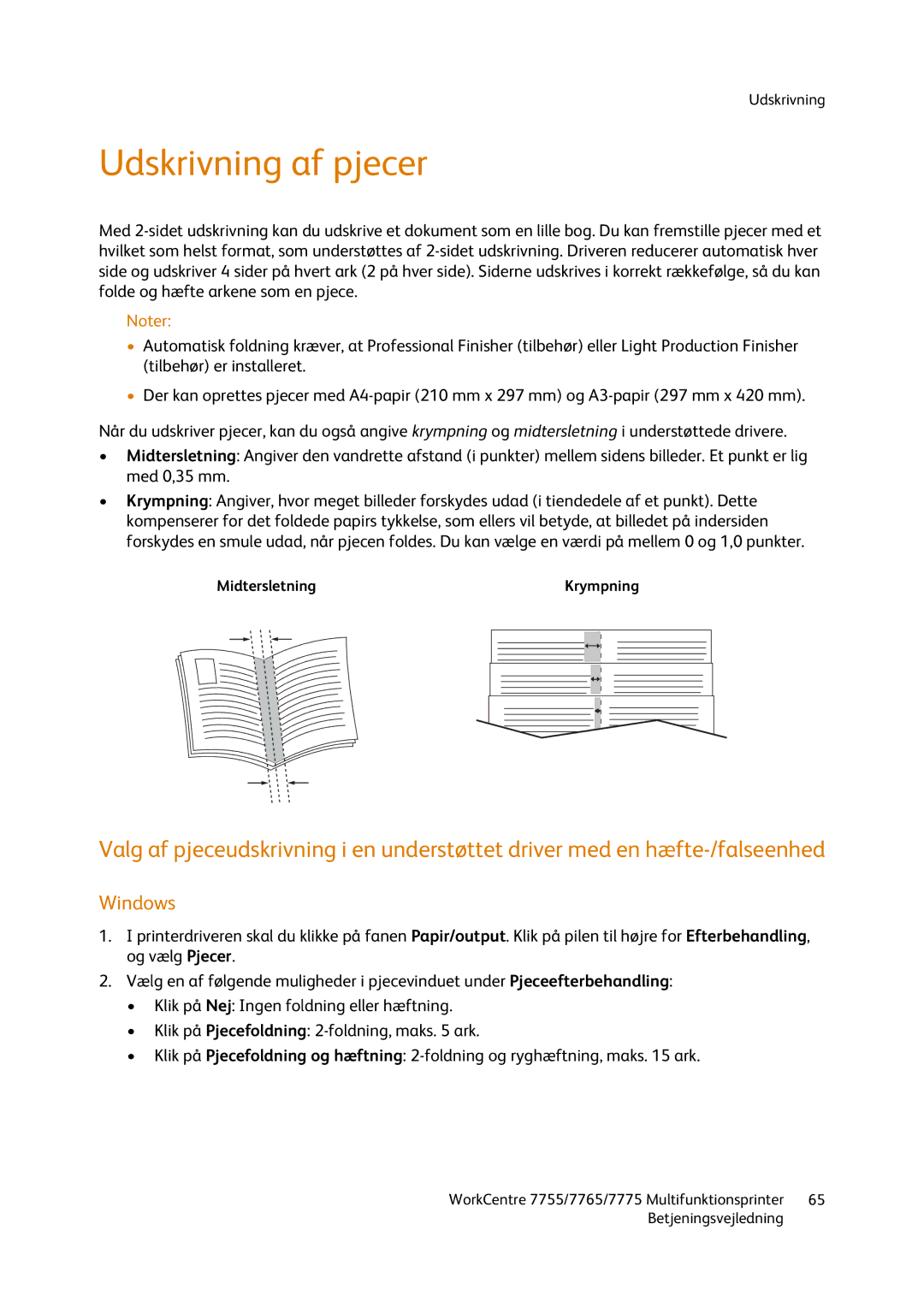 Xerox 7775, 7765, 7755 manual Udskrivning af pjecer, Windows 