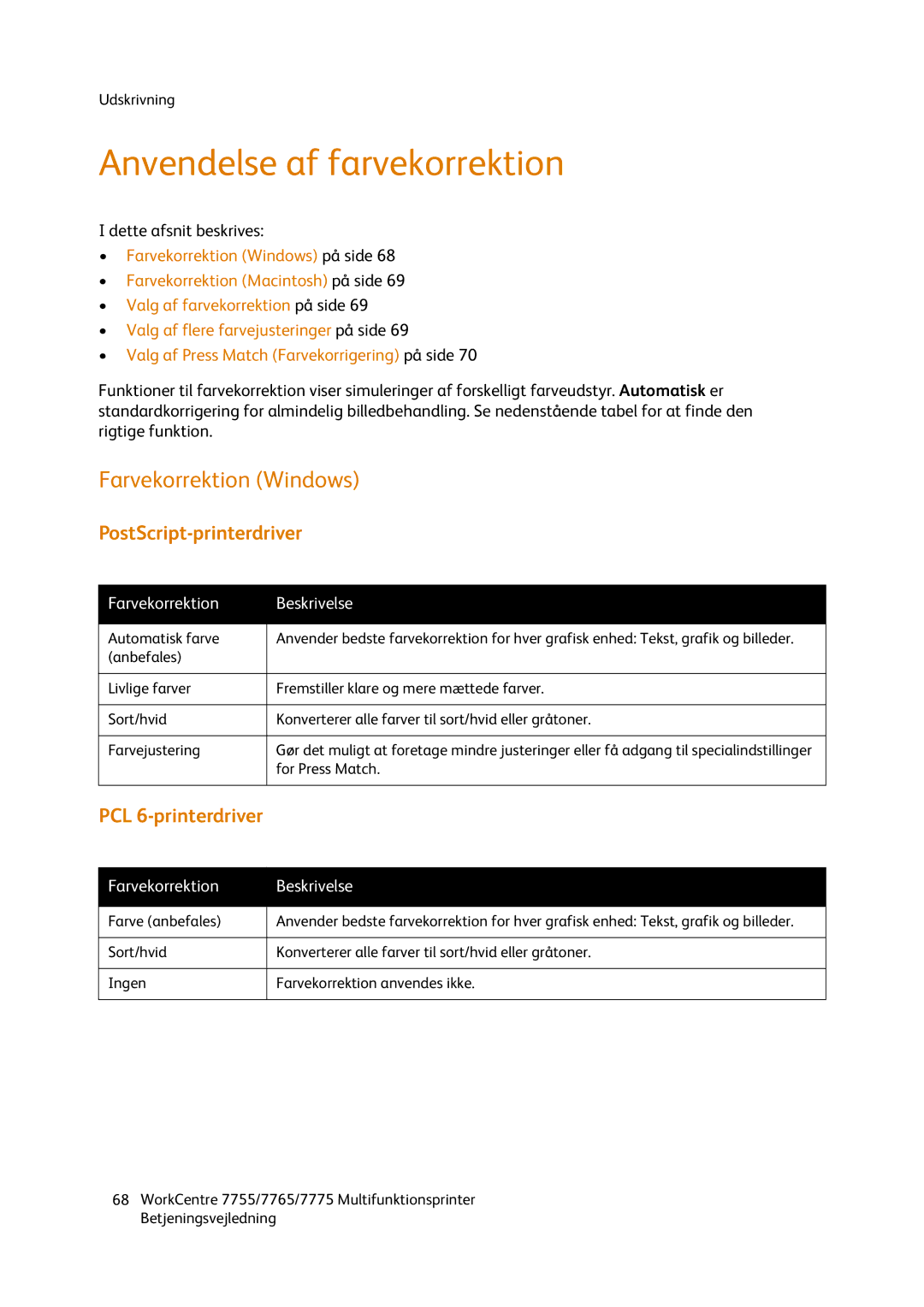 Xerox 7775, 7765, 7755 manual Anvendelse af farvekorrektion, Farvekorrektion Windows 