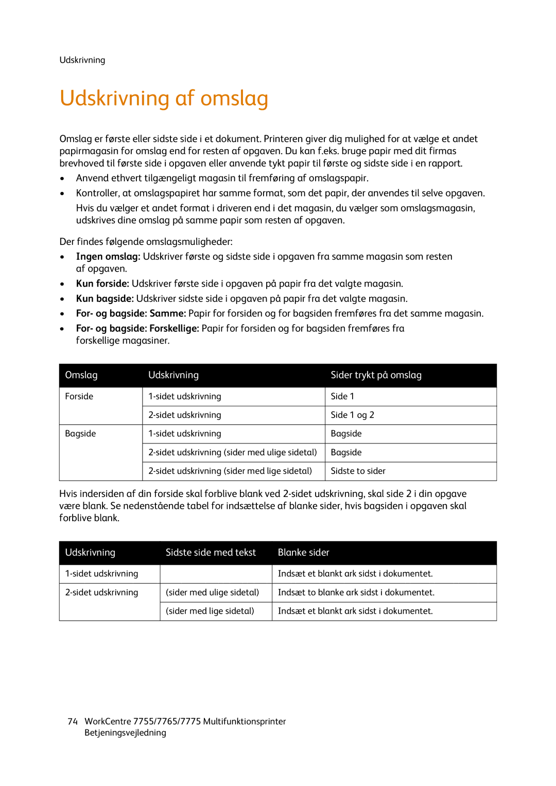 Xerox 7775, 7765, 7755 manual Udskrivning af omslag, Omslag Udskrivning Sider trykt på omslag 