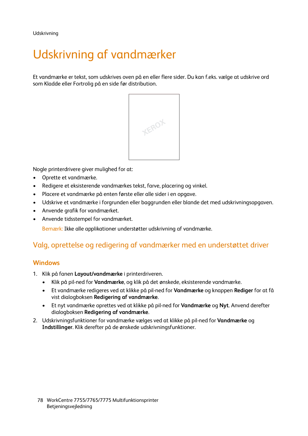 Xerox 7765, 7755, 7775 manual Udskrivning af vandmærker 